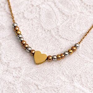 Estate Vintage Signed Brilho X Steel Mixed Metal Heart Dainty Necklace Gold Tone